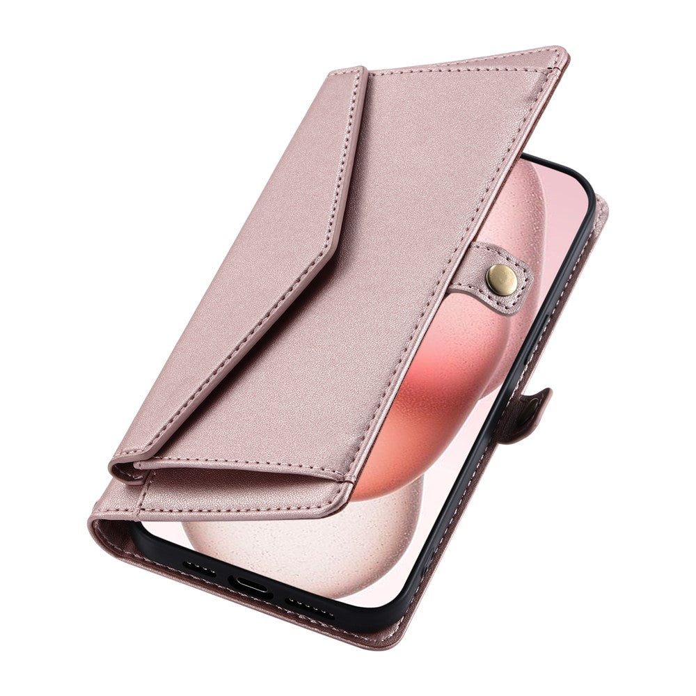 For iPhone 17 Pro Max Leather Case with Wrist Strap Wallet Stand Phone Cover - Rose Gold