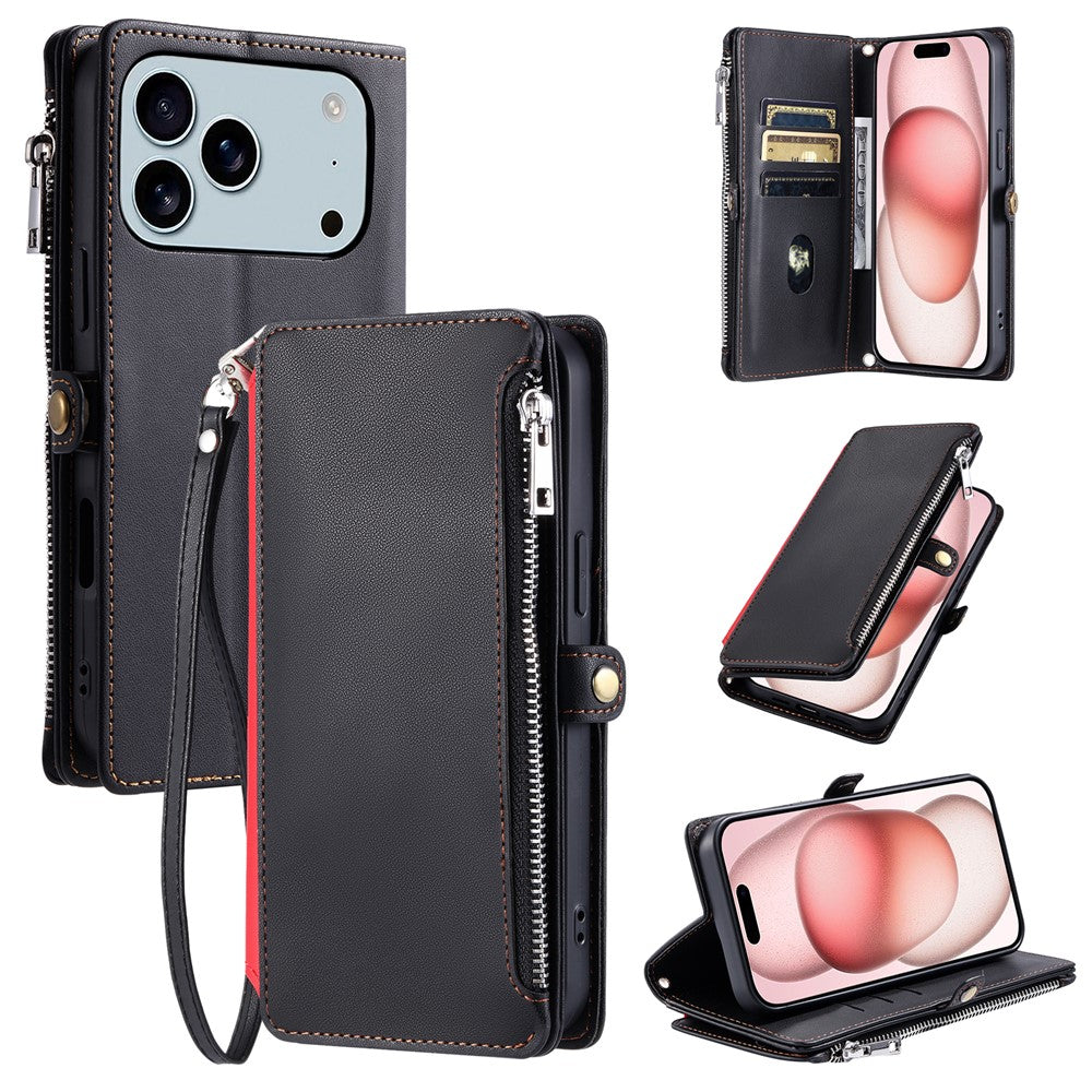 For iPhone 17 Pro Max Case TPU + PU Leather Wallet Phone Cover with Wrist Strap - Black