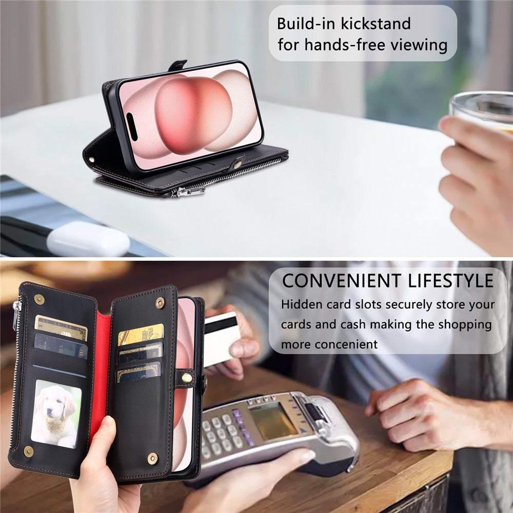 For iPhone 17 Pro Max Case TPU + PU Leather Wallet Phone Cover with Wrist Strap - Black