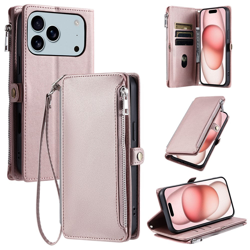 For iPhone 17 Pro Max Case TPU + PU Leather Wallet Phone Cover with Wrist Strap - Rose Gold