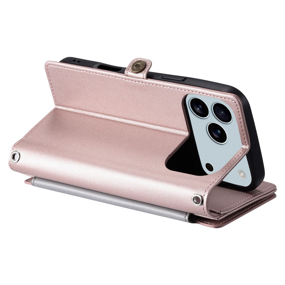 For iPhone 17 Pro Max Case TPU + PU Leather Wallet Phone Cover with Wrist Strap - Rose Gold