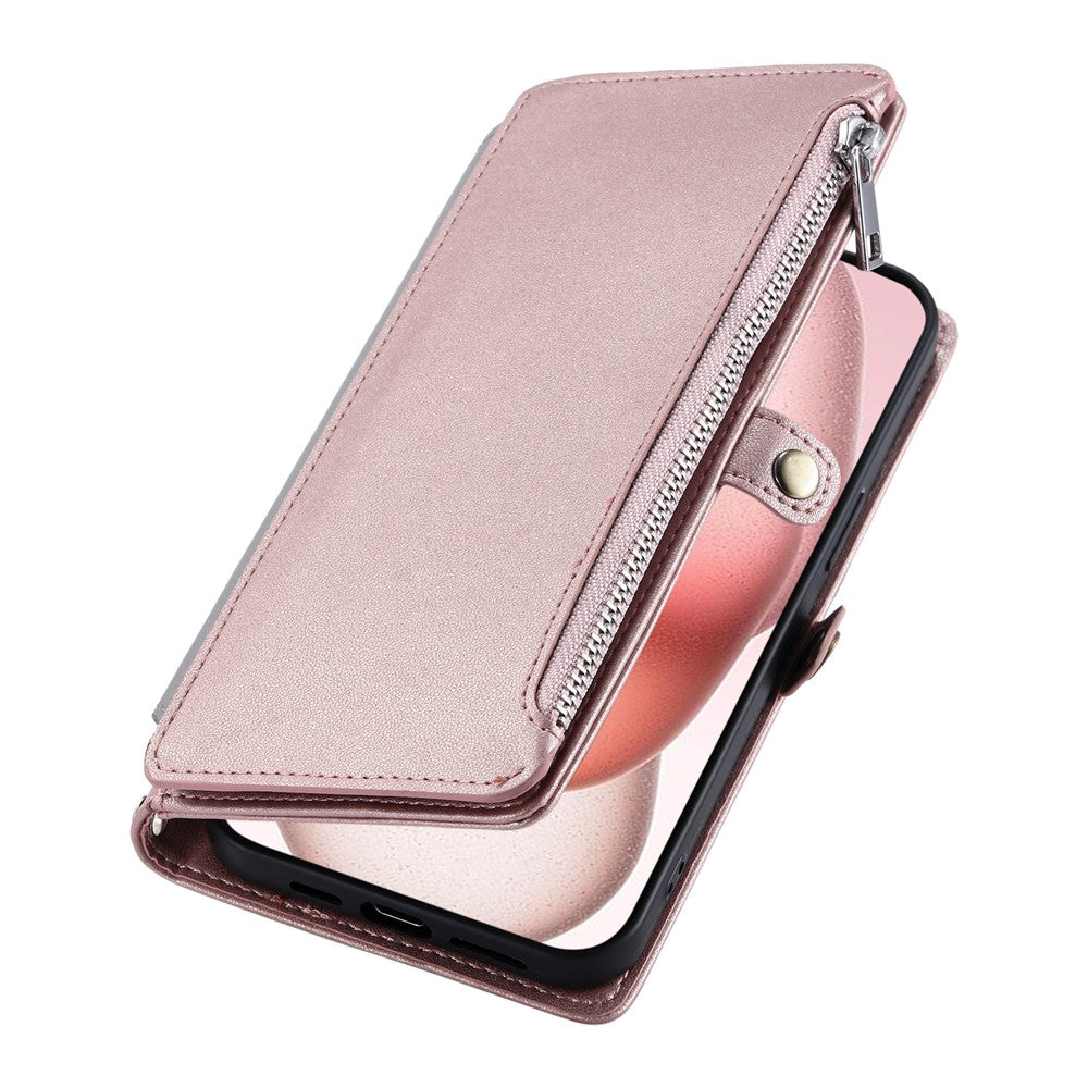 For iPhone 17 Pro Max Case TPU + PU Leather Wallet Phone Cover with Wrist Strap - Rose Gold