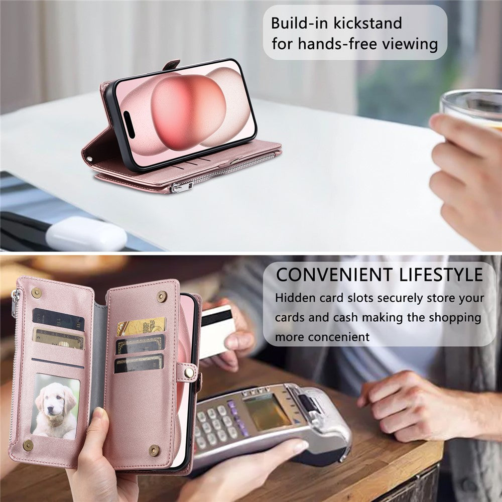 For iPhone 17 Pro Max Case TPU + PU Leather Wallet Phone Cover with Wrist Strap - Rose Gold