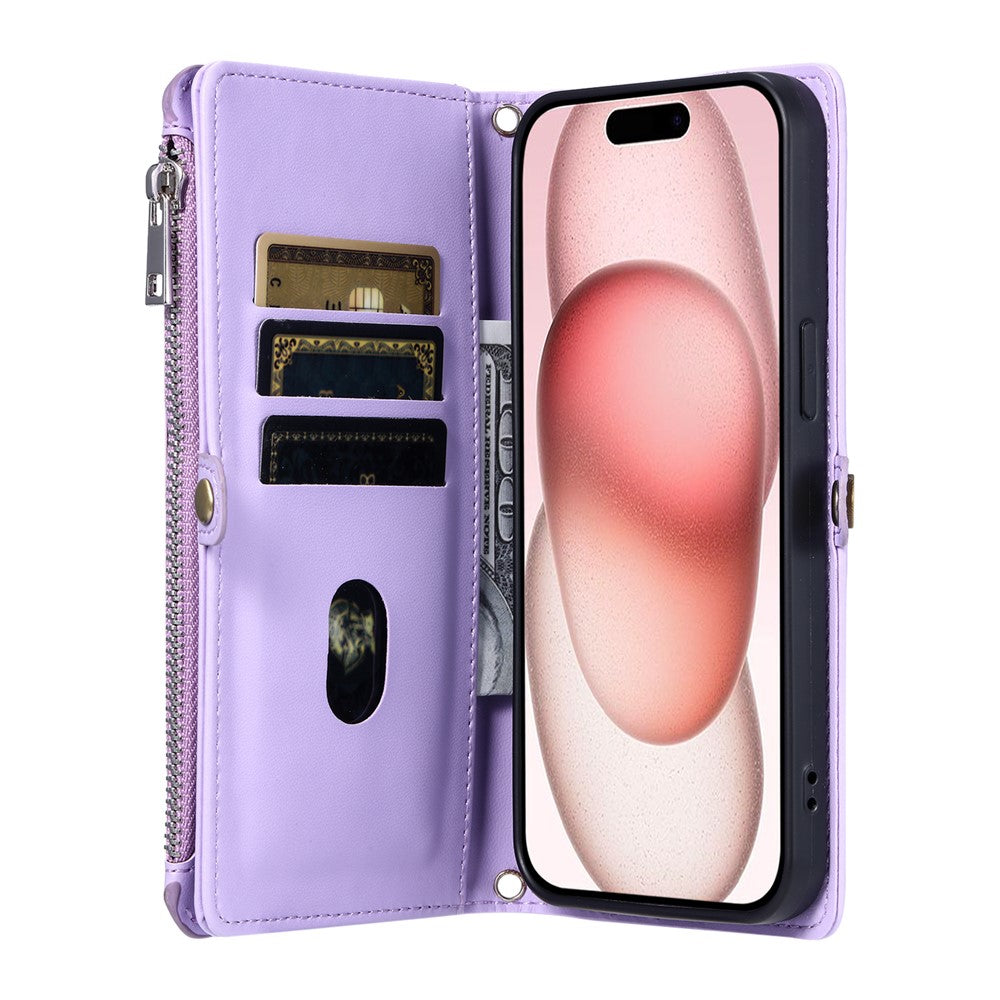 For iPhone 17 Pro Max Case TPU + PU Leather Wallet Phone Cover with Wrist Strap - Purple
