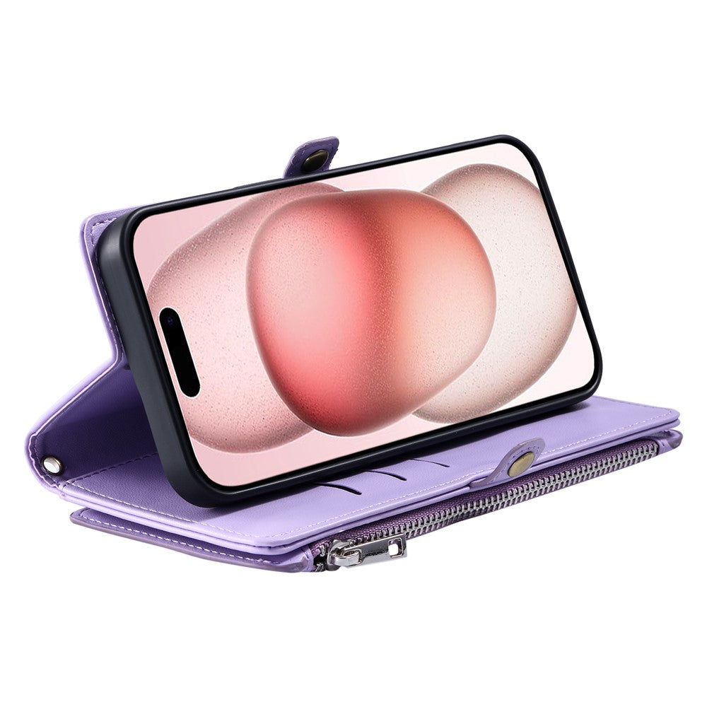 For iPhone 17 Pro Max Case TPU + PU Leather Wallet Phone Cover with Wrist Strap - Purple