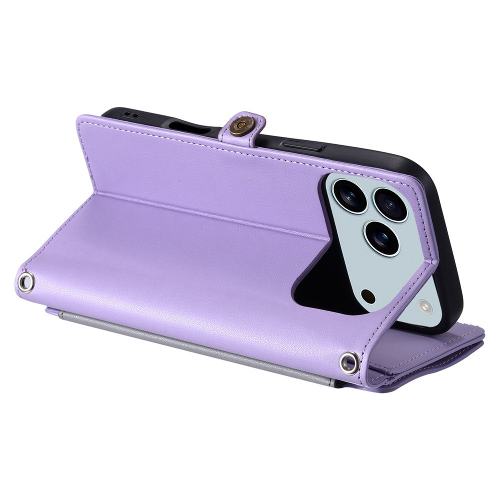 For iPhone 17 Pro Max Case TPU + PU Leather Wallet Phone Cover with Wrist Strap - Purple