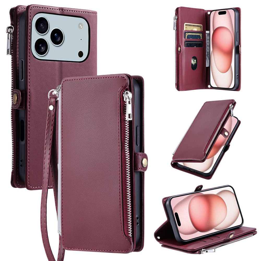 For iPhone 17 Pro Max Case TPU + PU Leather Wallet Phone Cover with Wrist Strap - Wine Red