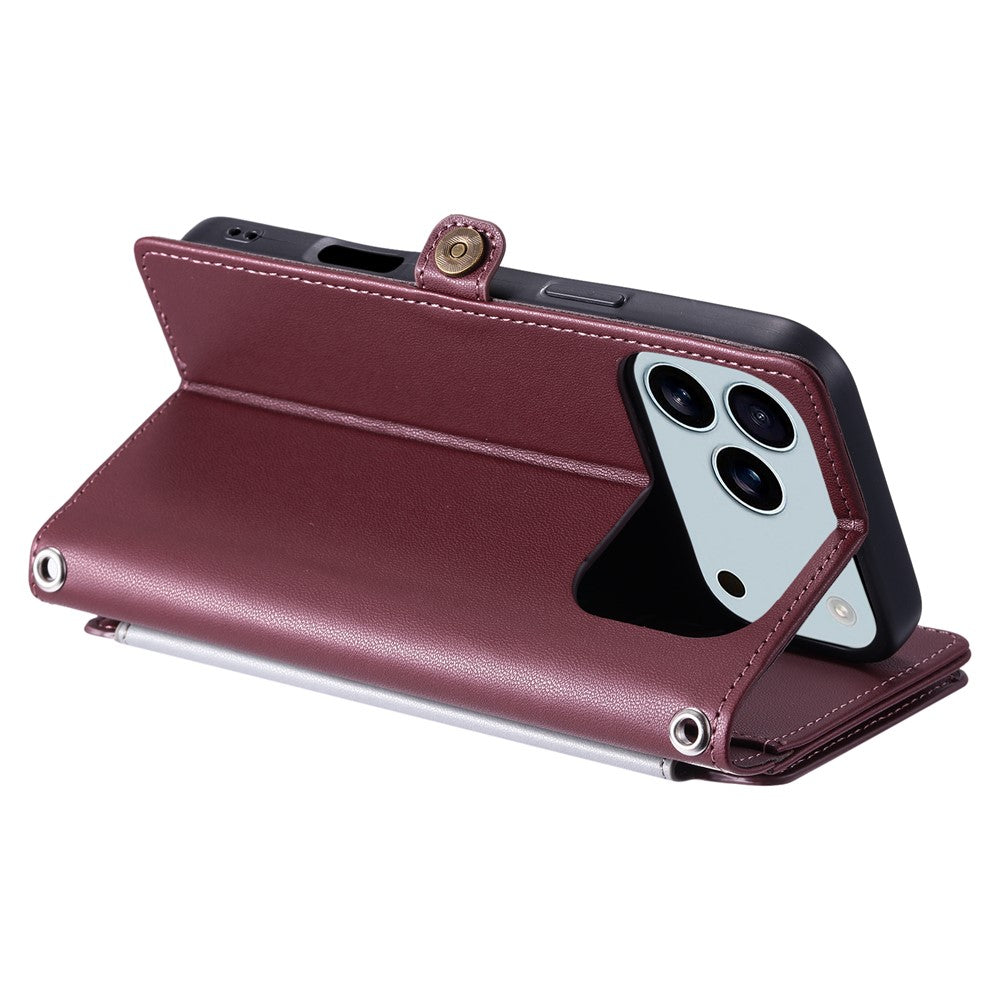 For iPhone 17 Pro Max Case TPU + PU Leather Wallet Phone Cover with Wrist Strap - Wine Red