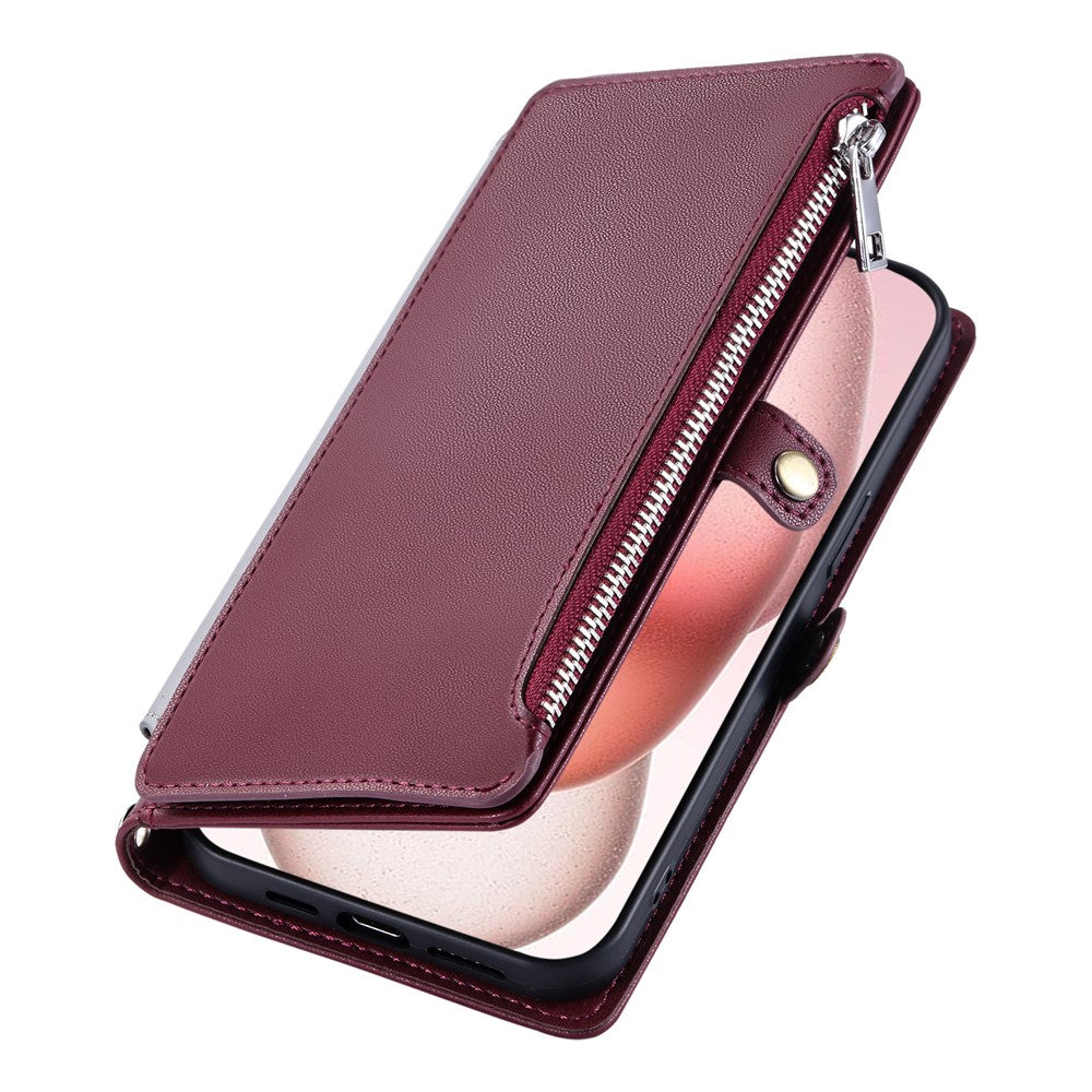 For iPhone 17 Pro Max Case TPU + PU Leather Wallet Phone Cover with Wrist Strap - Wine Red