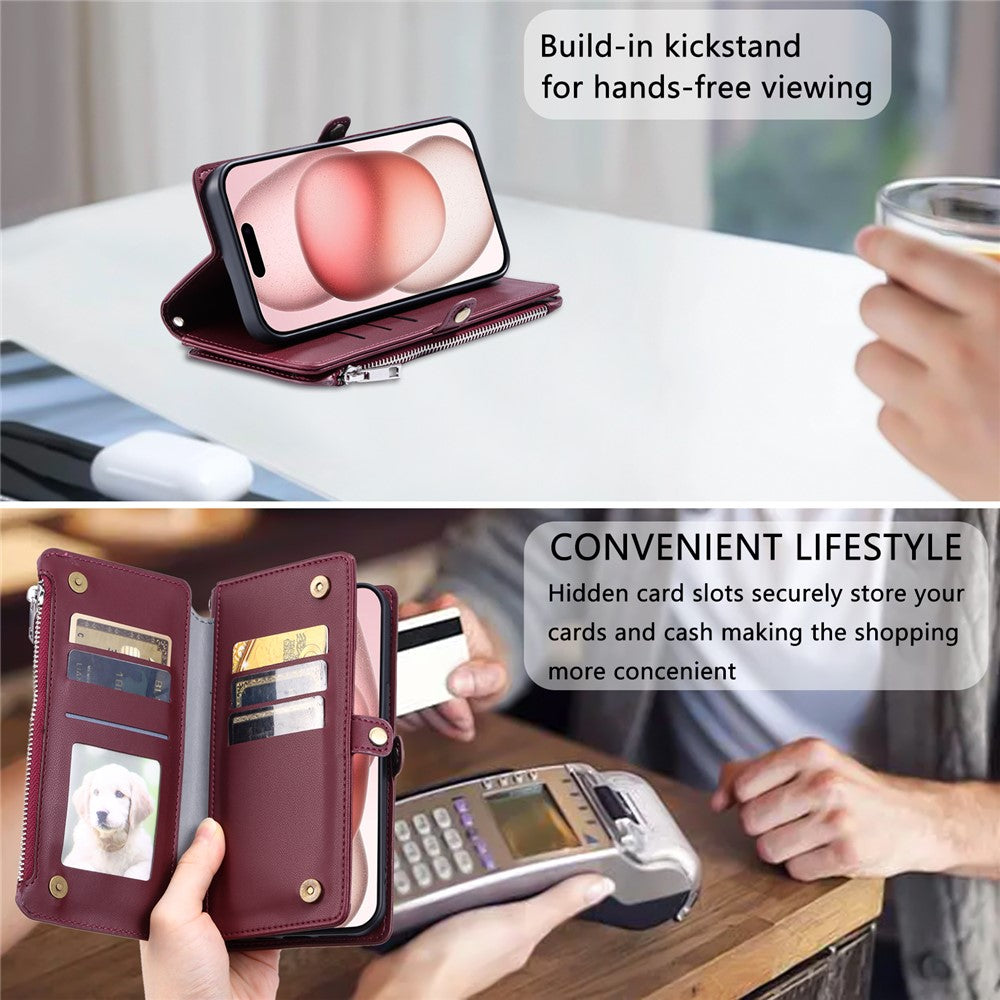 For iPhone 17 Pro Max Case TPU + PU Leather Wallet Phone Cover with Wrist Strap - Wine Red