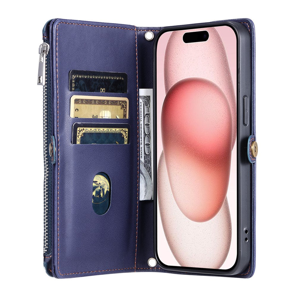 For iPhone 17 Pro Max Case TPU + PU Leather Wallet Phone Cover with Wrist Strap - Blue