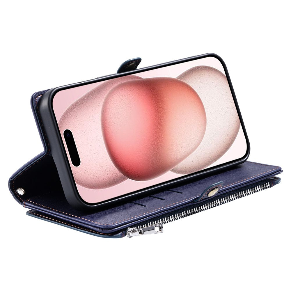 For iPhone 17 Pro Max Case TPU + PU Leather Wallet Phone Cover with Wrist Strap - Blue