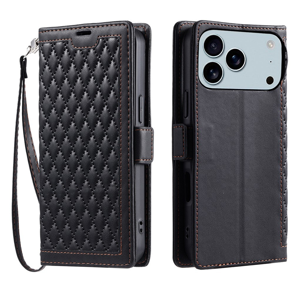 For iPhone 17 Pro Max Leather Case Rhombus Texture Wallet Stand Phone Cover with Wrist Strap - Black