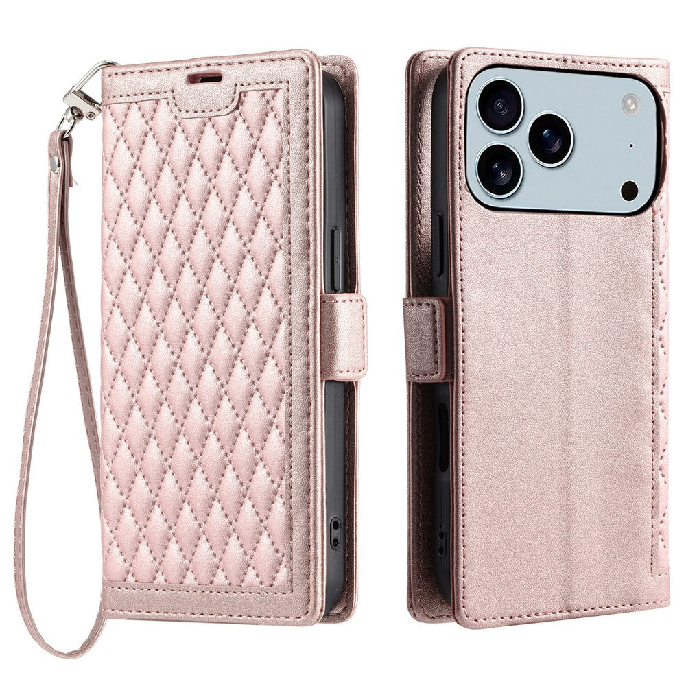 For iPhone 17 Pro Max Leather Case Rhombus Texture Wallet Stand Phone Cover with Wrist Strap - Rose Gold