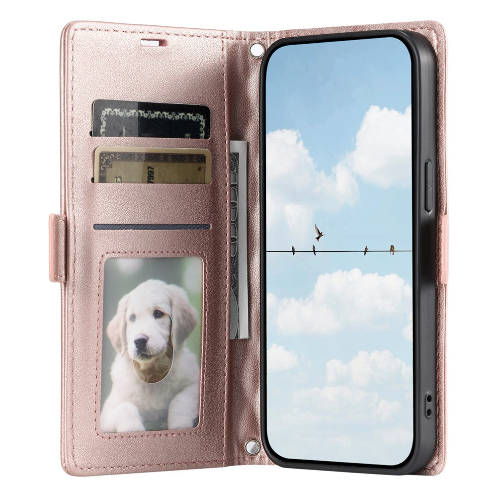 For iPhone 17 Pro Max Leather Case Rhombus Texture Wallet Stand Phone Cover with Wrist Strap - Rose Gold