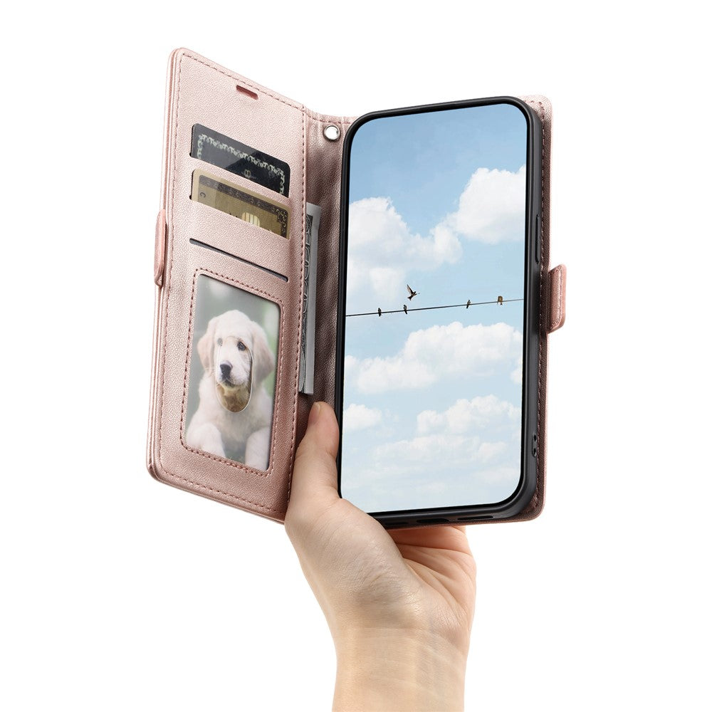 For iPhone 17 Pro Max Leather Case Rhombus Texture Wallet Stand Phone Cover with Wrist Strap - Rose Gold