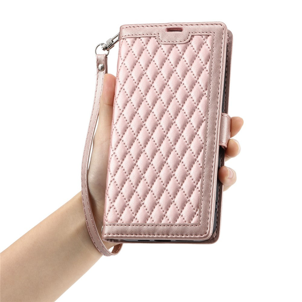For iPhone 17 Pro Max Leather Case Rhombus Texture Wallet Stand Phone Cover with Wrist Strap - Rose Gold