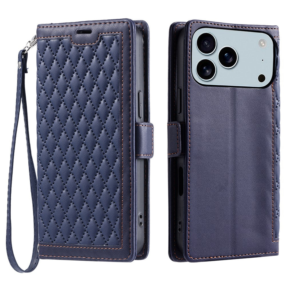 For iPhone 17 Pro Max Leather Case Rhombus Texture Wallet Stand Phone Cover with Wrist Strap - Blue
