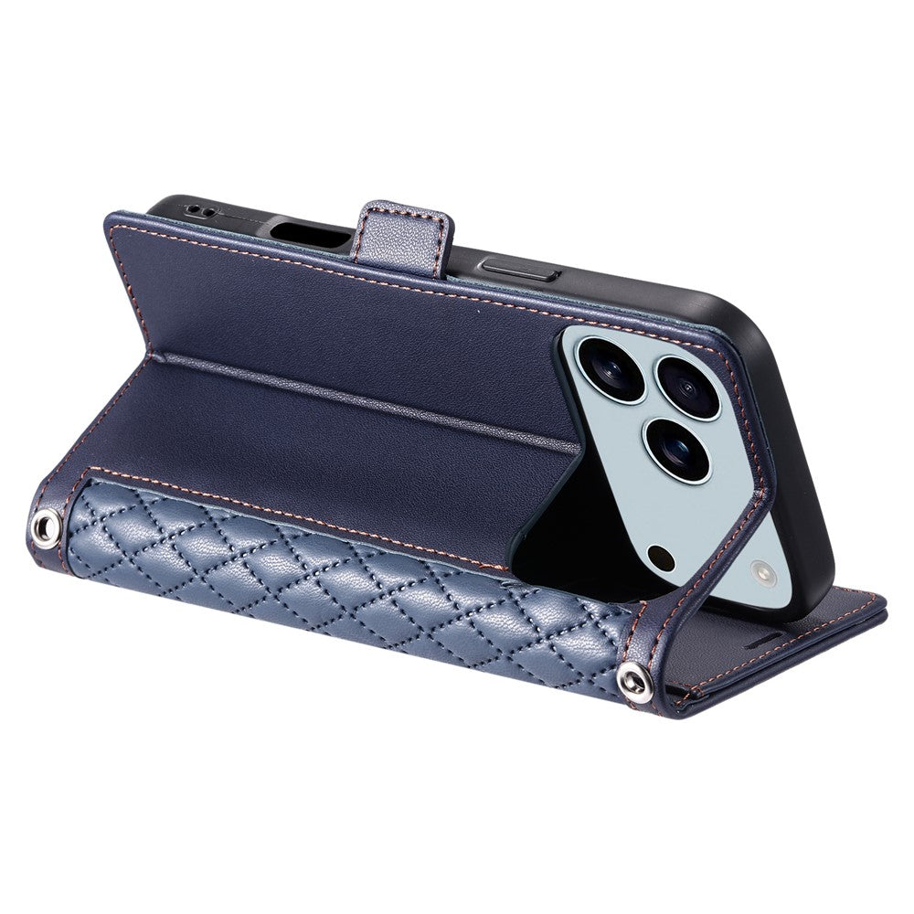 For iPhone 17 Pro Max Leather Case Rhombus Texture Wallet Stand Phone Cover with Wrist Strap - Blue