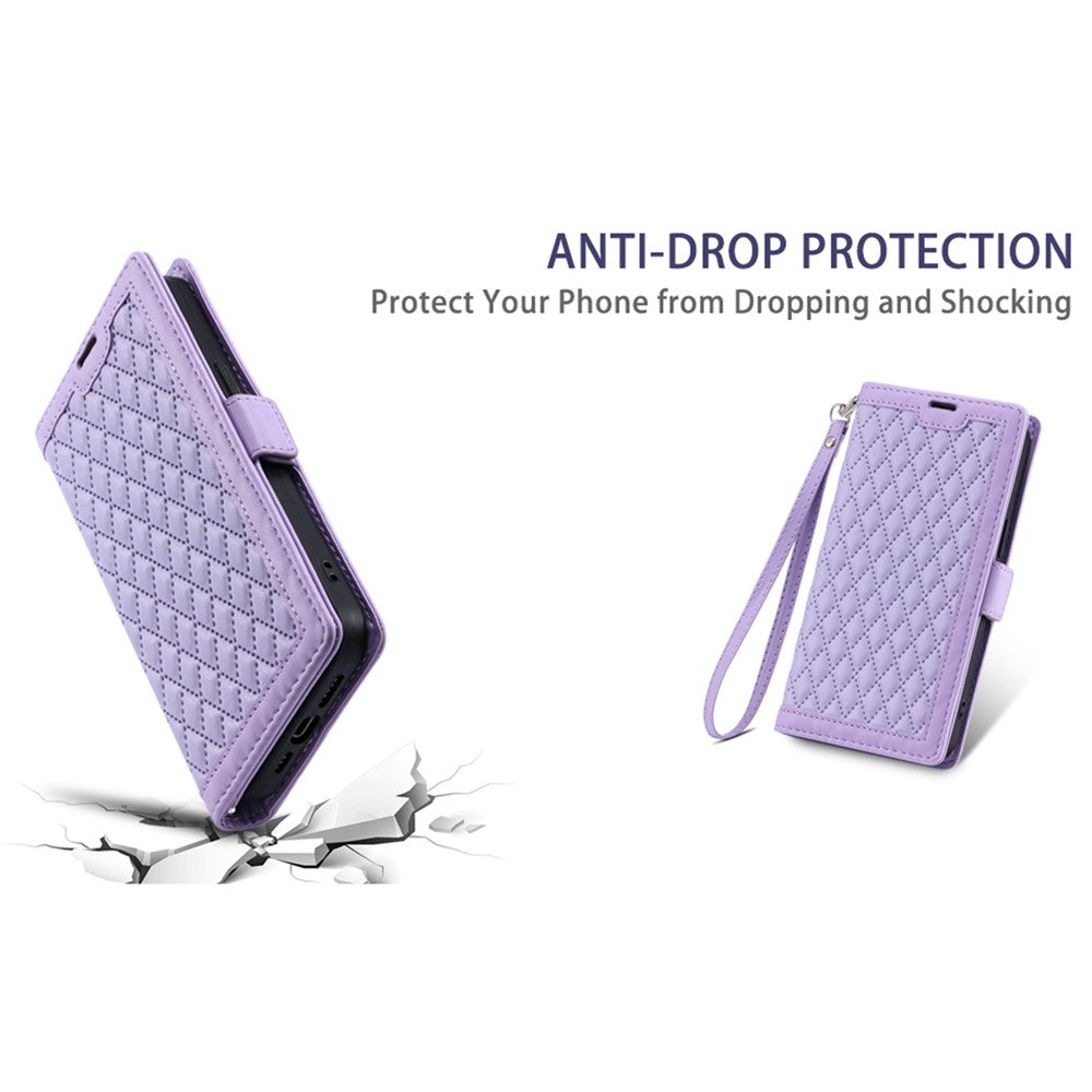 For iPhone 17 Pro Max Leather Case Rhombus Texture Wallet Stand Phone Cover with Wrist Strap - Purple