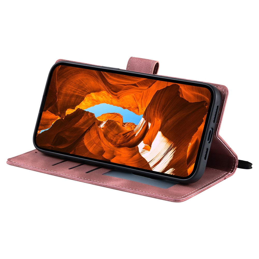 For iPhone 17 Pro Max Case Imprinted Totem Skin Feel Wallet Leather Phone Cover with Hand Strap - Rose Gold