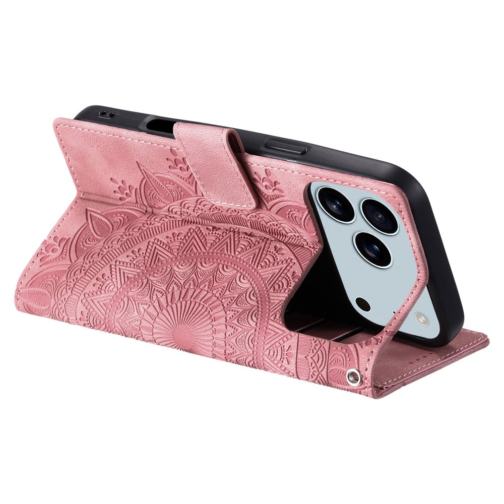 For iPhone 17 Pro Max Case Imprinted Totem Skin Feel Wallet Leather Phone Cover with Hand Strap - Rose Gold