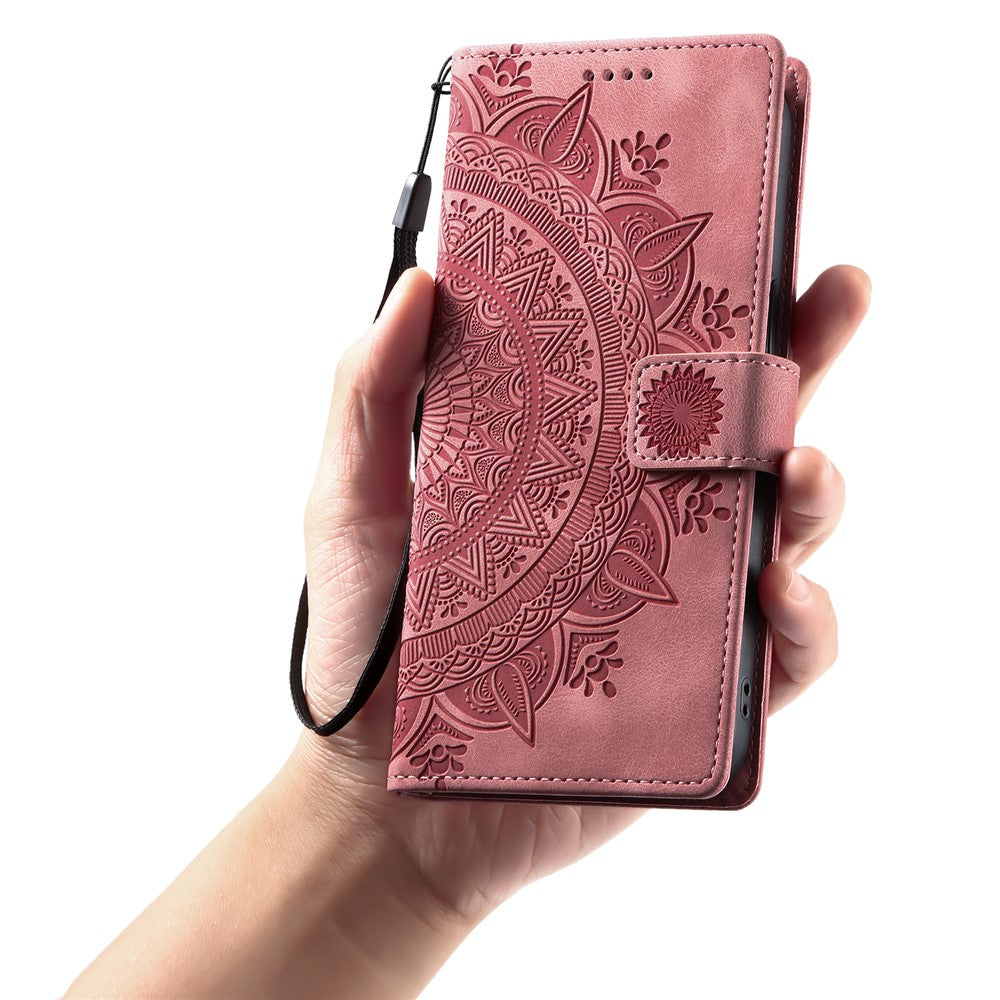 For iPhone 17 Pro Max Case Imprinted Totem Skin Feel Wallet Leather Phone Cover with Hand Strap - Rose Gold