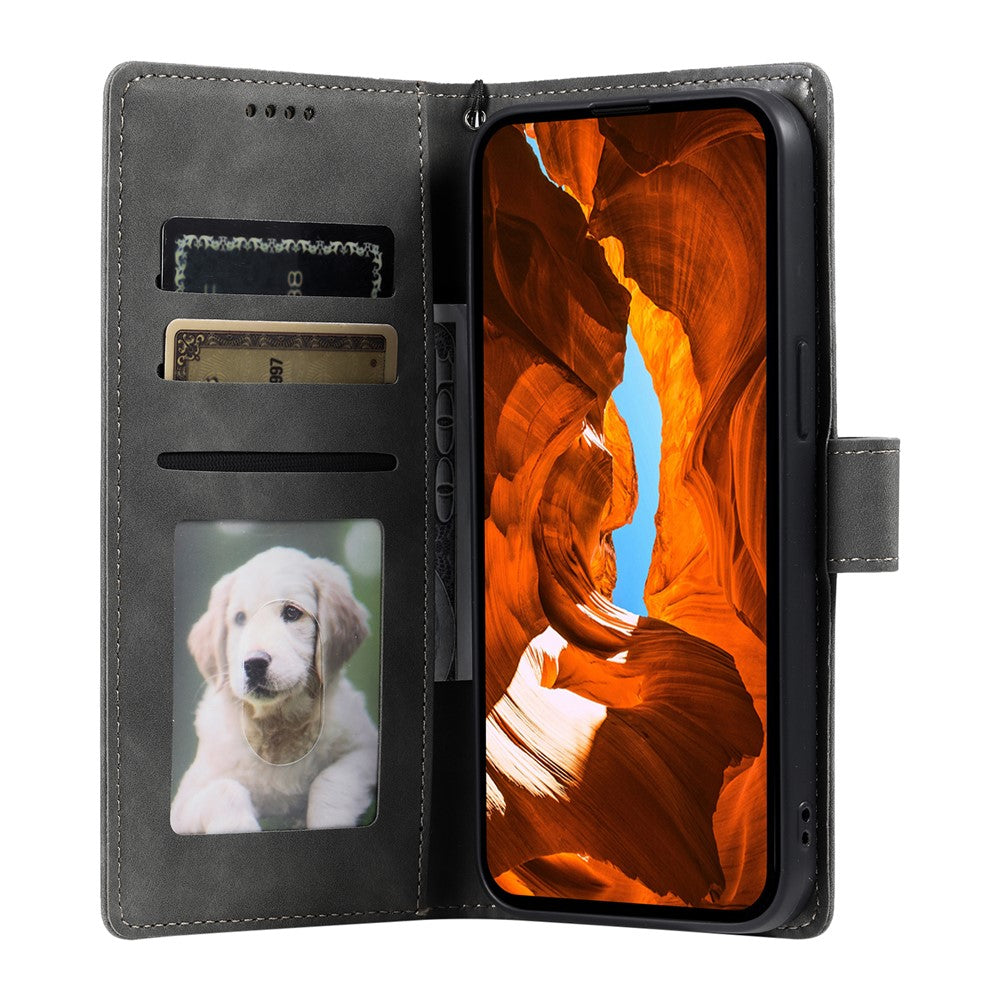 For iPhone 17 Pro Max Case Imprinted Totem Skin Feel Wallet Leather Phone Cover with Hand Strap - Grey