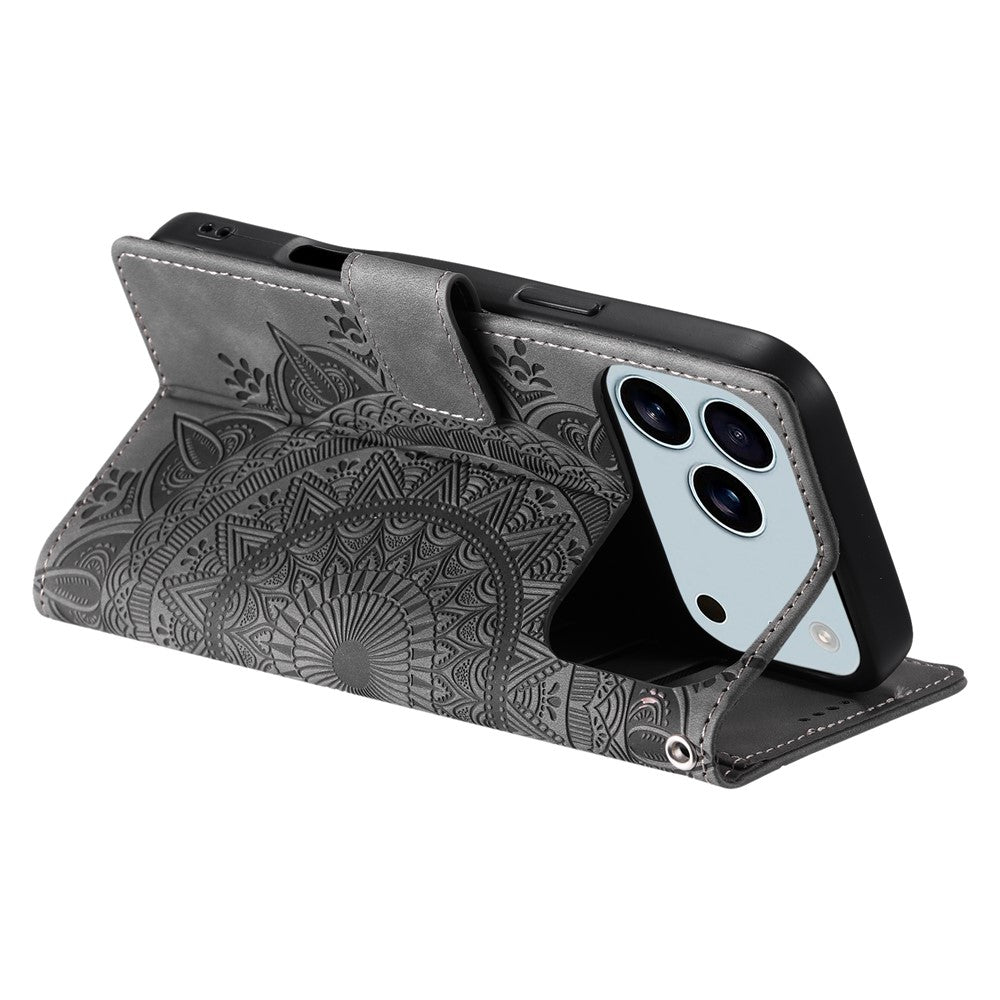 For iPhone 17 Pro Max Case Imprinted Totem Skin Feel Wallet Leather Phone Cover with Hand Strap - Grey