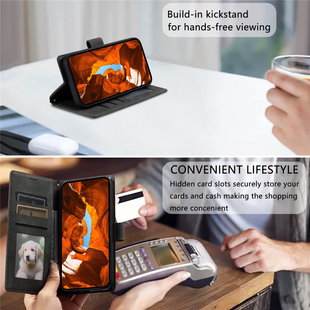 For iPhone 17 Pro Max Case Imprinted Totem Skin Feel Wallet Leather Phone Cover with Hand Strap - Grey