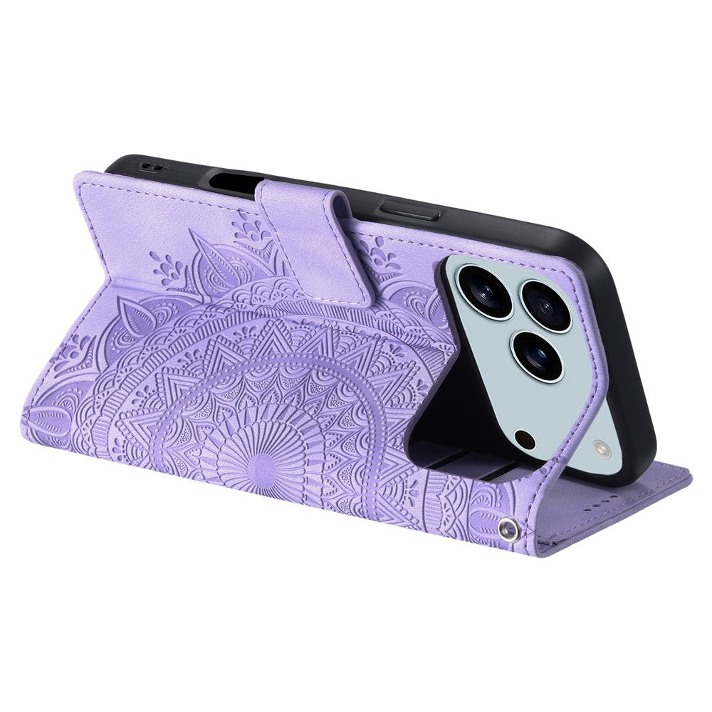 For iPhone 17 Pro Max Case Imprinted Totem Skin Feel Wallet Leather Phone Cover with Hand Strap - Purple