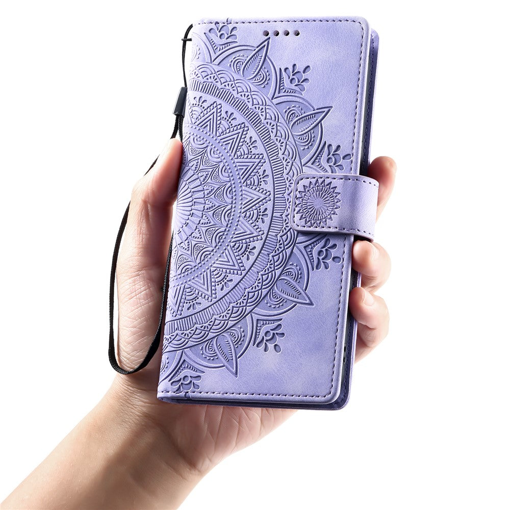 For iPhone 17 Pro Max Case Imprinted Totem Skin Feel Wallet Leather Phone Cover with Hand Strap - Purple