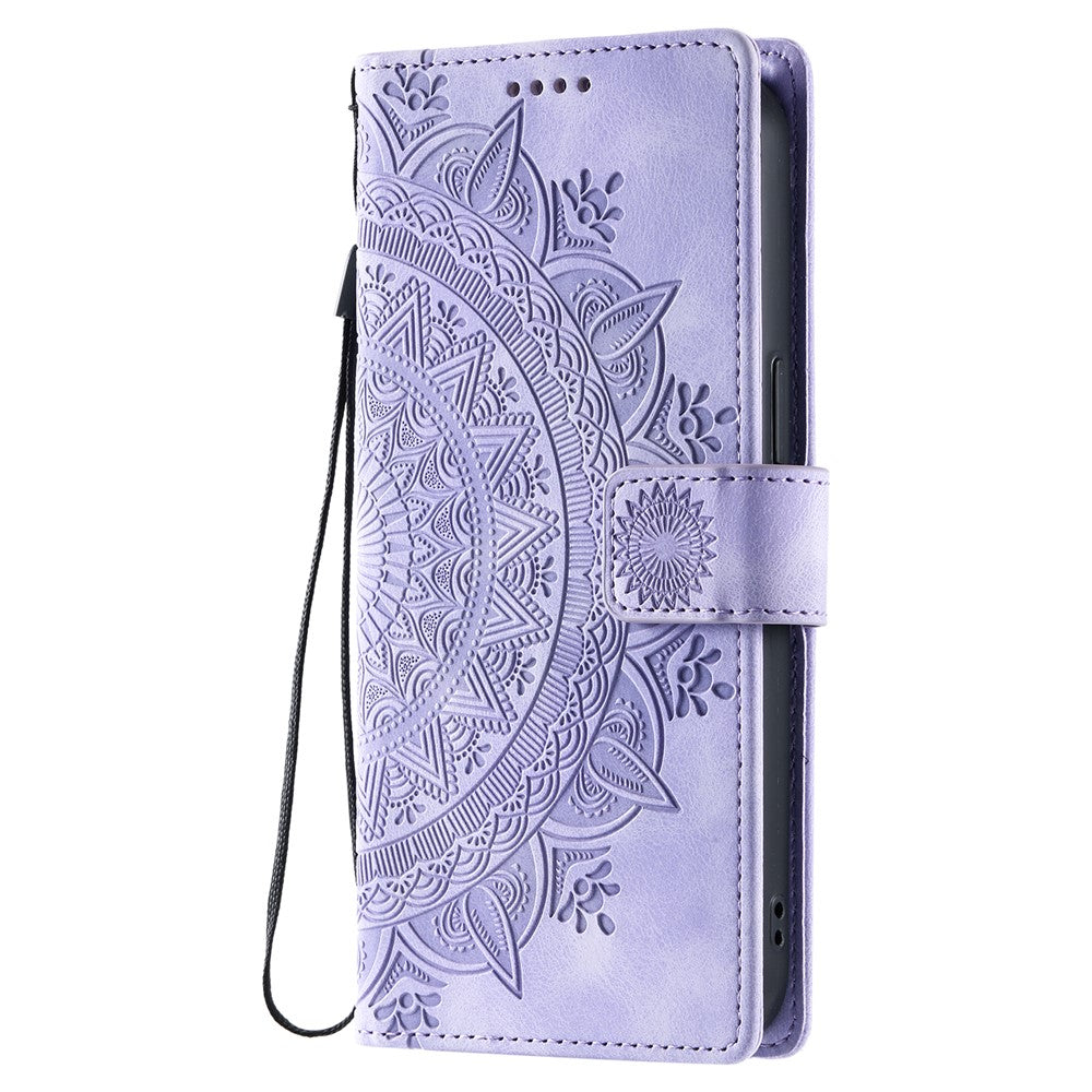 For iPhone 17 Pro Max Case Imprinted Totem Skin Feel Wallet Leather Phone Cover with Hand Strap - Purple