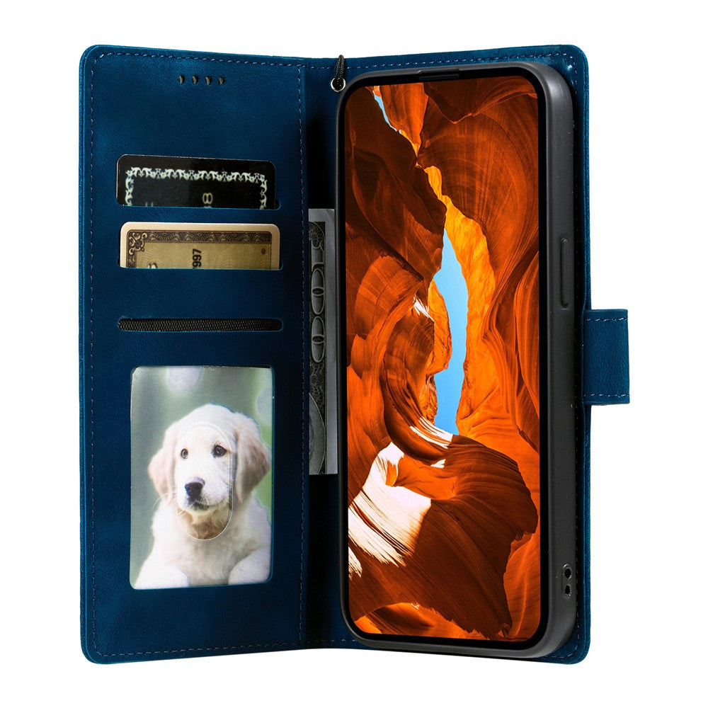 For iPhone 17 Pro Max Case Imprinted Totem Skin Feel Wallet Leather Phone Cover with Hand Strap - Blue