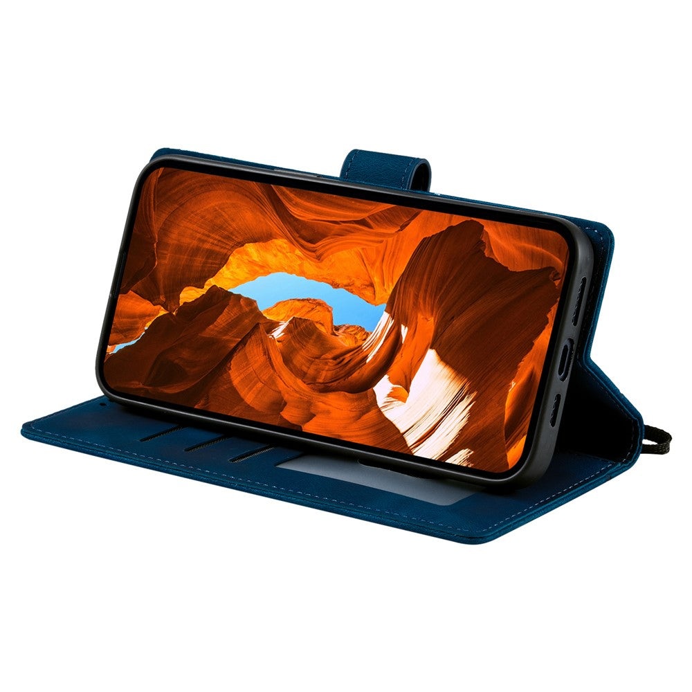 For iPhone 17 Pro Max Case Imprinted Totem Skin Feel Wallet Leather Phone Cover with Hand Strap - Blue