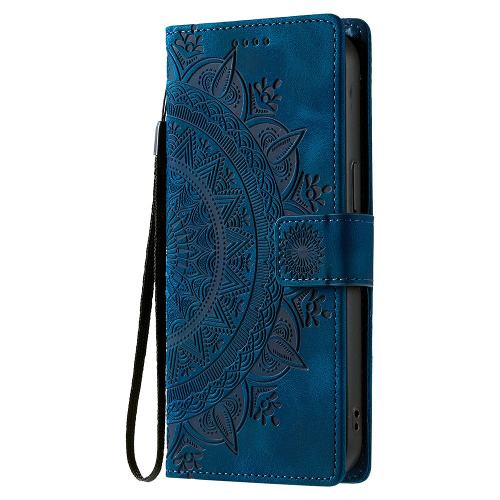 For iPhone 17 Pro Max Case Imprinted Totem Skin Feel Wallet Leather Phone Cover with Hand Strap - Blue