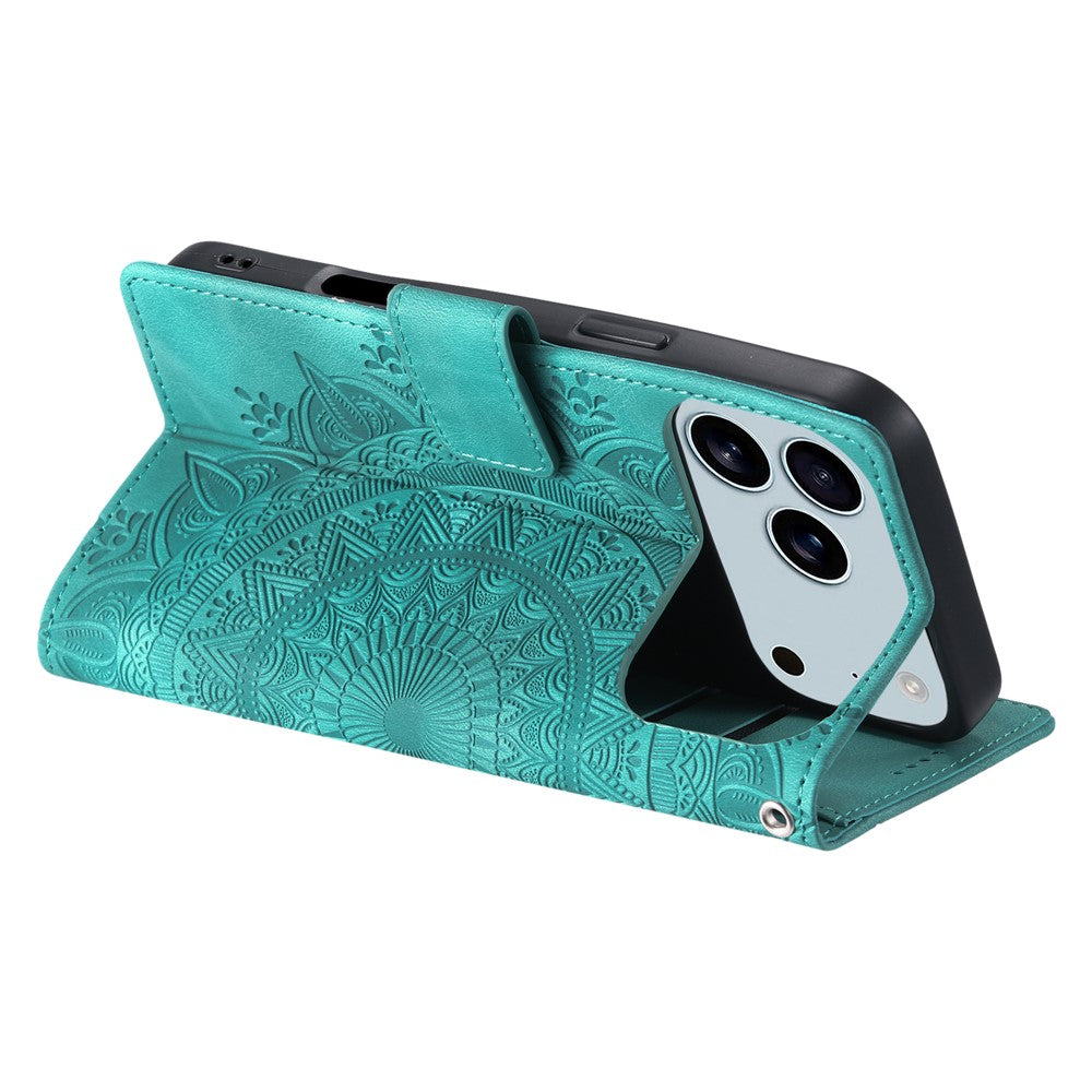 For iPhone 17 Pro Max Case Imprinted Totem Skin Feel Wallet Leather Phone Cover with Hand Strap - Mint Green