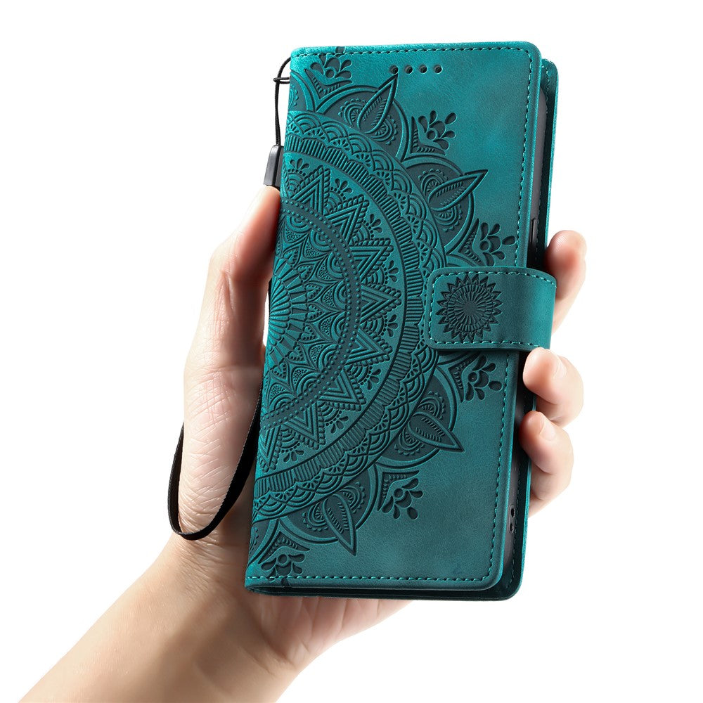 For iPhone 17 Pro Max Case Imprinted Totem Skin Feel Wallet Leather Phone Cover with Hand Strap - Mint Green