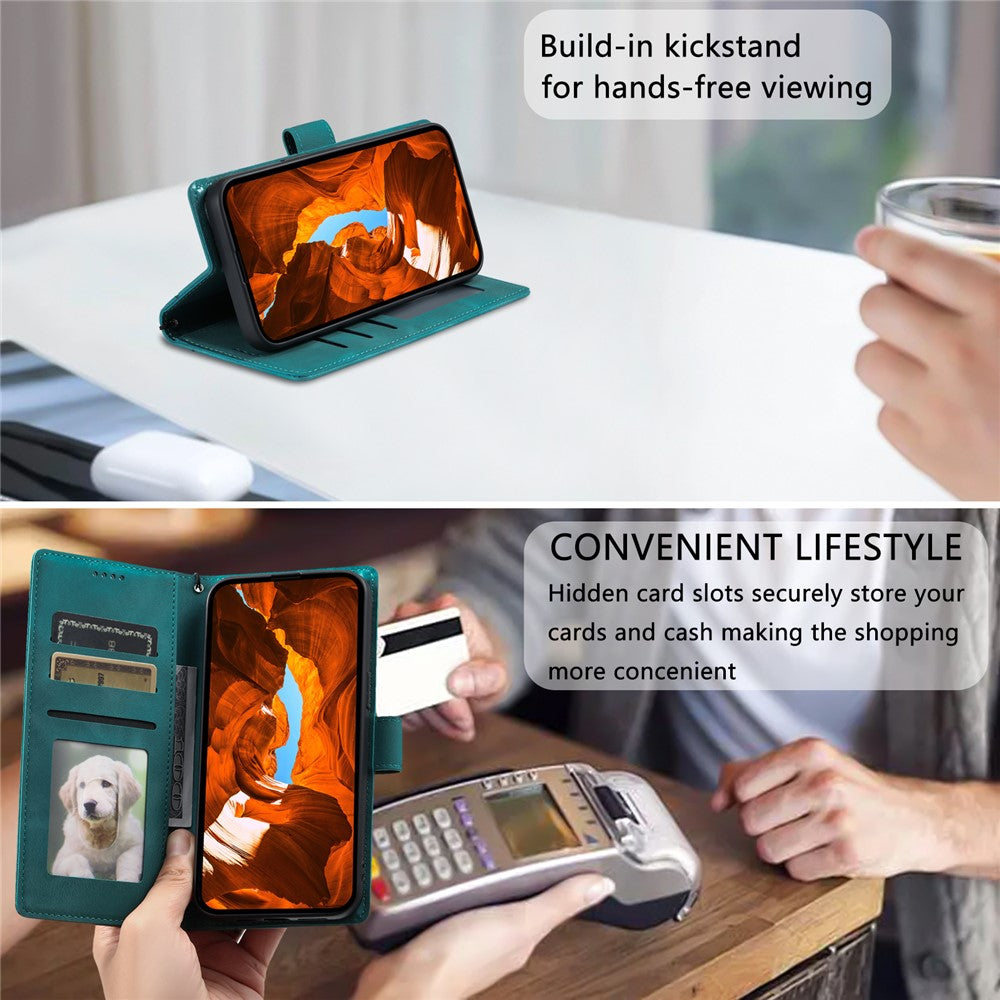 For iPhone 17 Pro Max Case Imprinted Totem Skin Feel Wallet Leather Phone Cover with Hand Strap - Mint Green