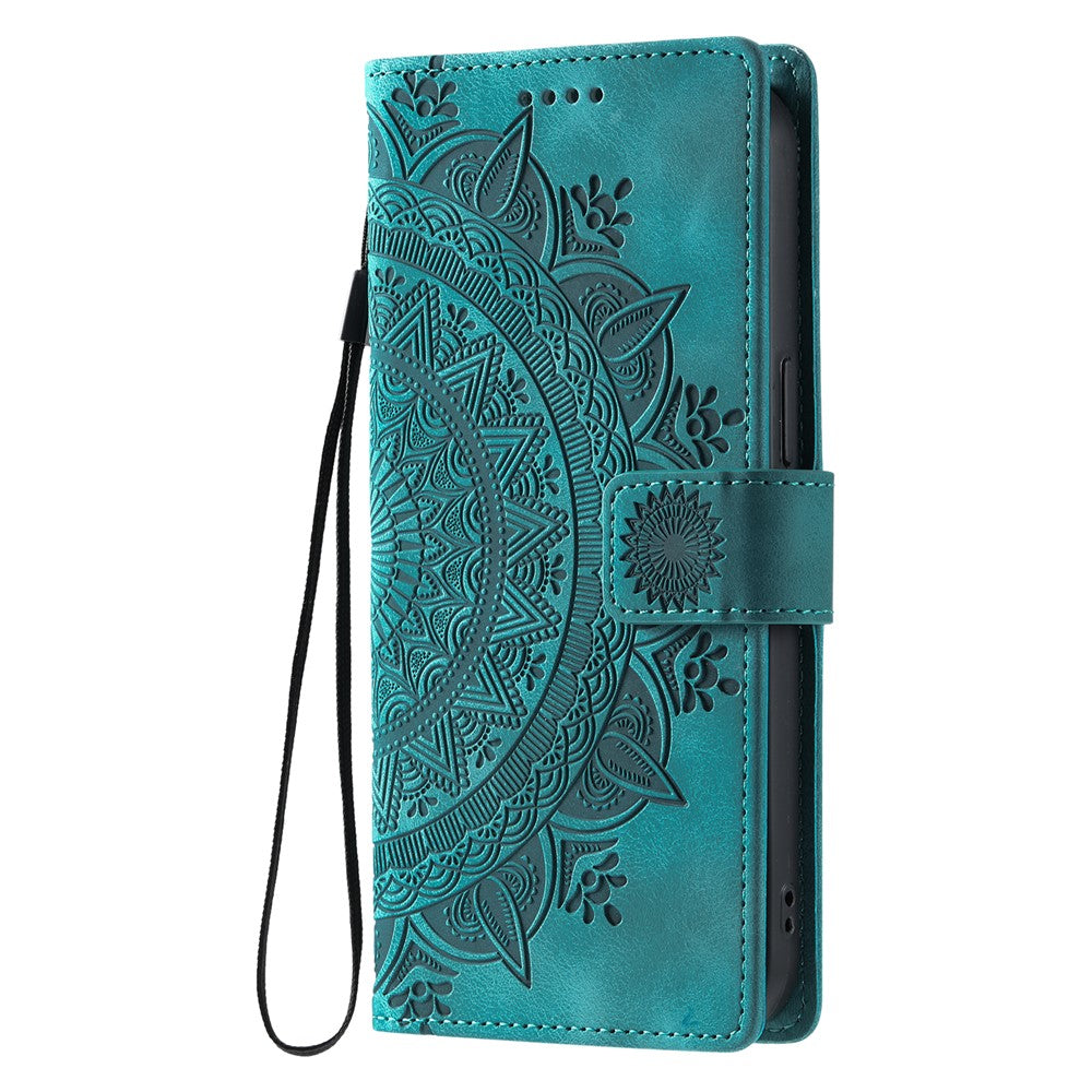For iPhone 17 Pro Max Case Imprinted Totem Skin Feel Wallet Leather Phone Cover with Hand Strap - Mint Green