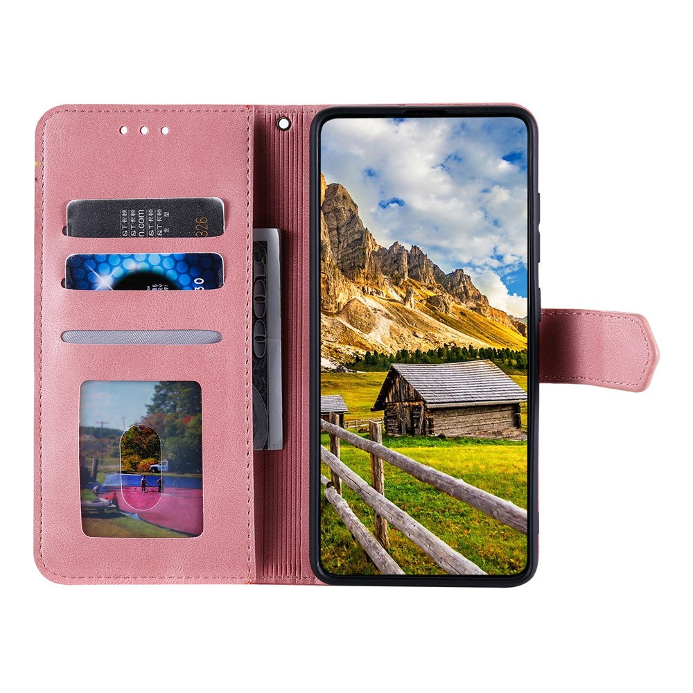 For iPhone 17 Pro Max Leather Case Splicing Stitching Wallet Phone Cover with Wrist Strap - Rose Gold