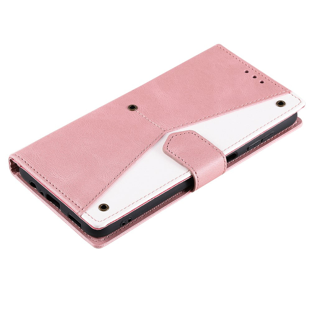 For iPhone 17 Pro Max Leather Case Splicing Stitching Wallet Phone Cover with Wrist Strap - Rose Gold