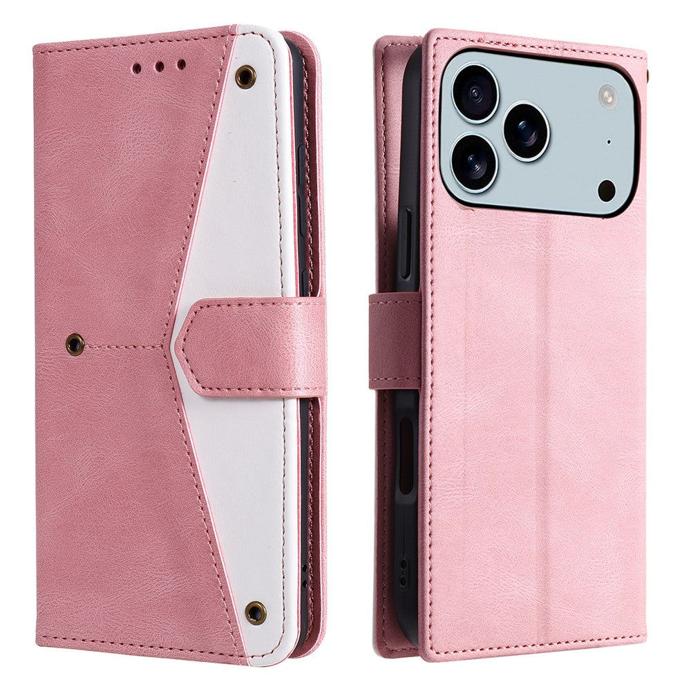 For iPhone 17 Pro Max Leather Case Splicing Stitching Wallet Phone Cover with Wrist Strap - Rose Gold