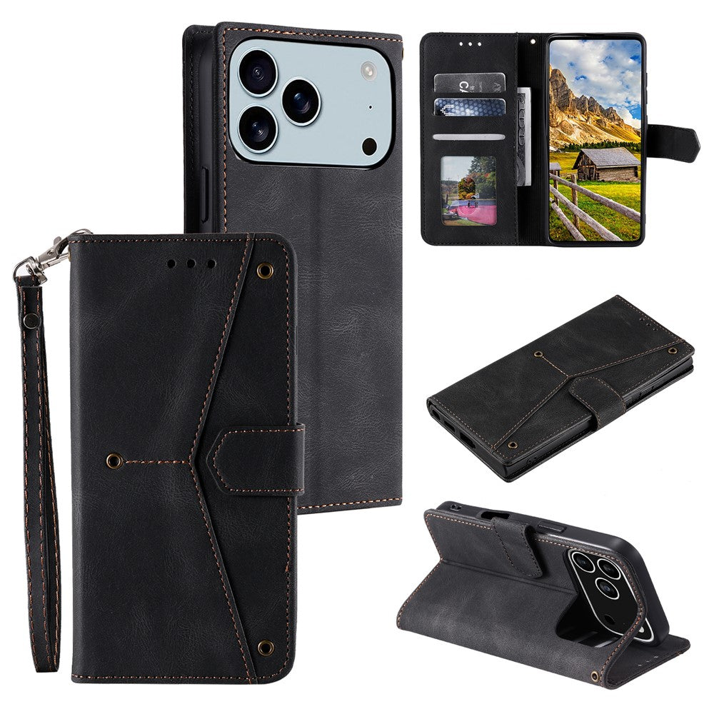 For iPhone 17 Pro Max Leather Case Splicing Stitching Wallet Phone Cover with Wrist Strap - Black