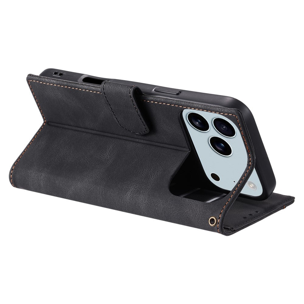 For iPhone 17 Pro Max Leather Case Splicing Stitching Wallet Phone Cover with Wrist Strap - Black