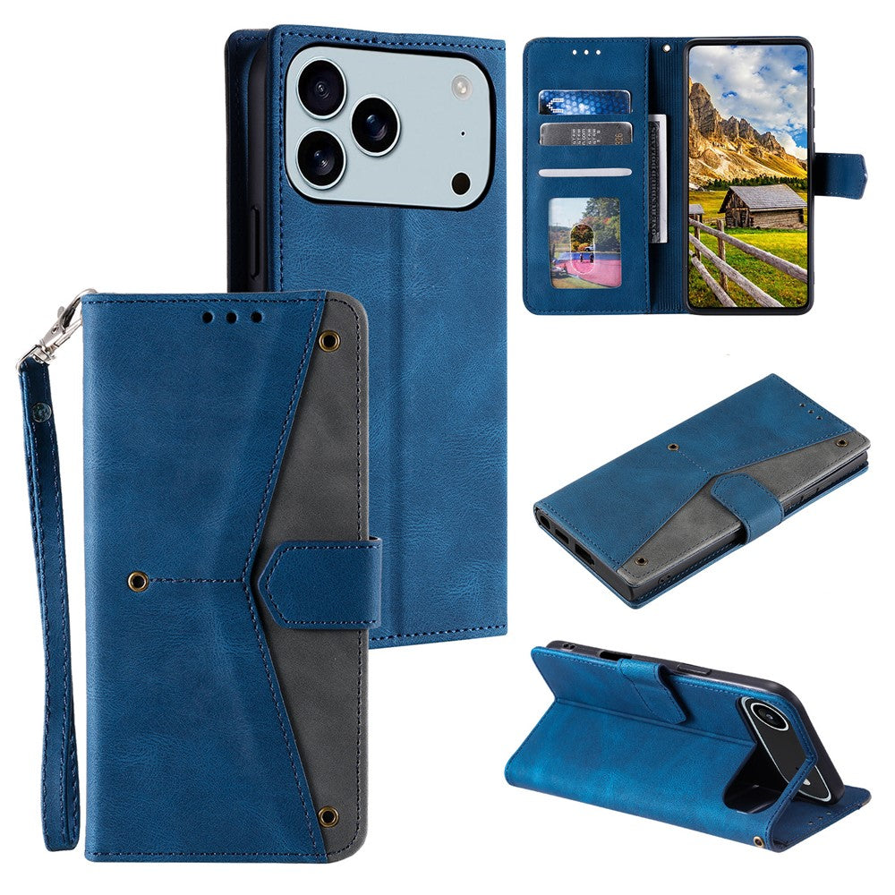 For iPhone 17 Pro Max Leather Case Splicing Stitching Wallet Phone Cover with Wrist Strap - Blue