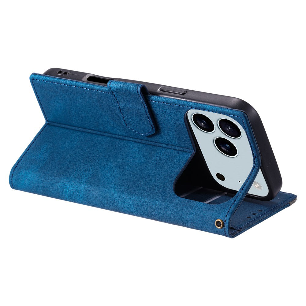 For iPhone 17 Pro Max Leather Case Splicing Stitching Wallet Phone Cover with Wrist Strap - Blue