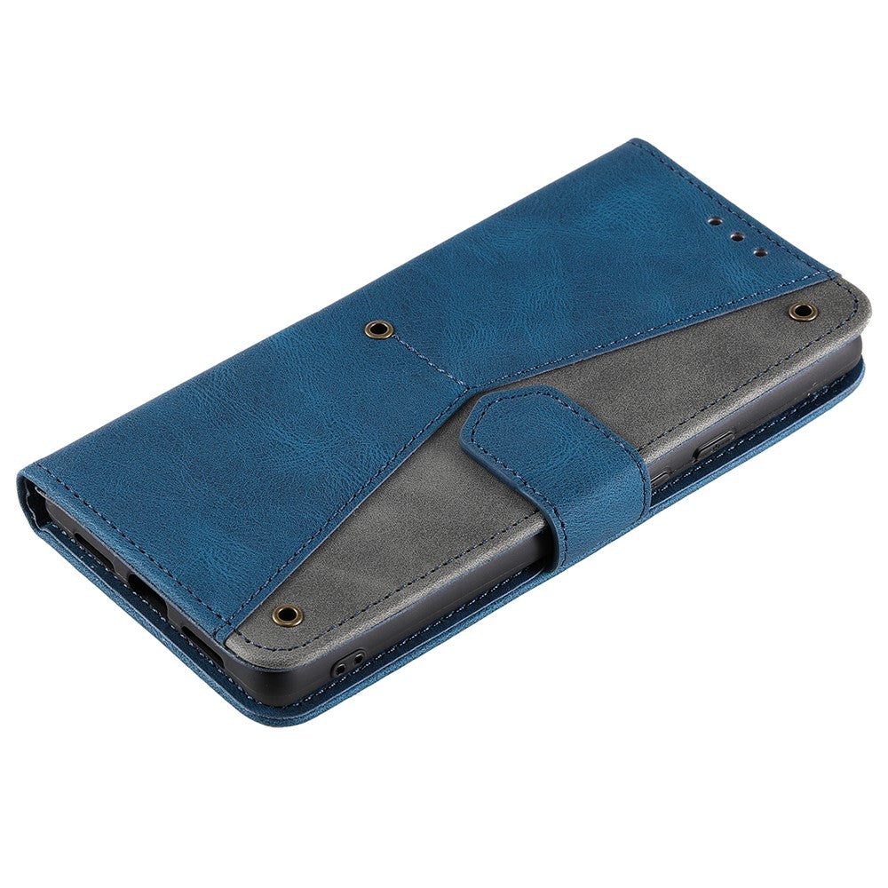For iPhone 17 Pro Max Leather Case Splicing Stitching Wallet Phone Cover with Wrist Strap - Blue