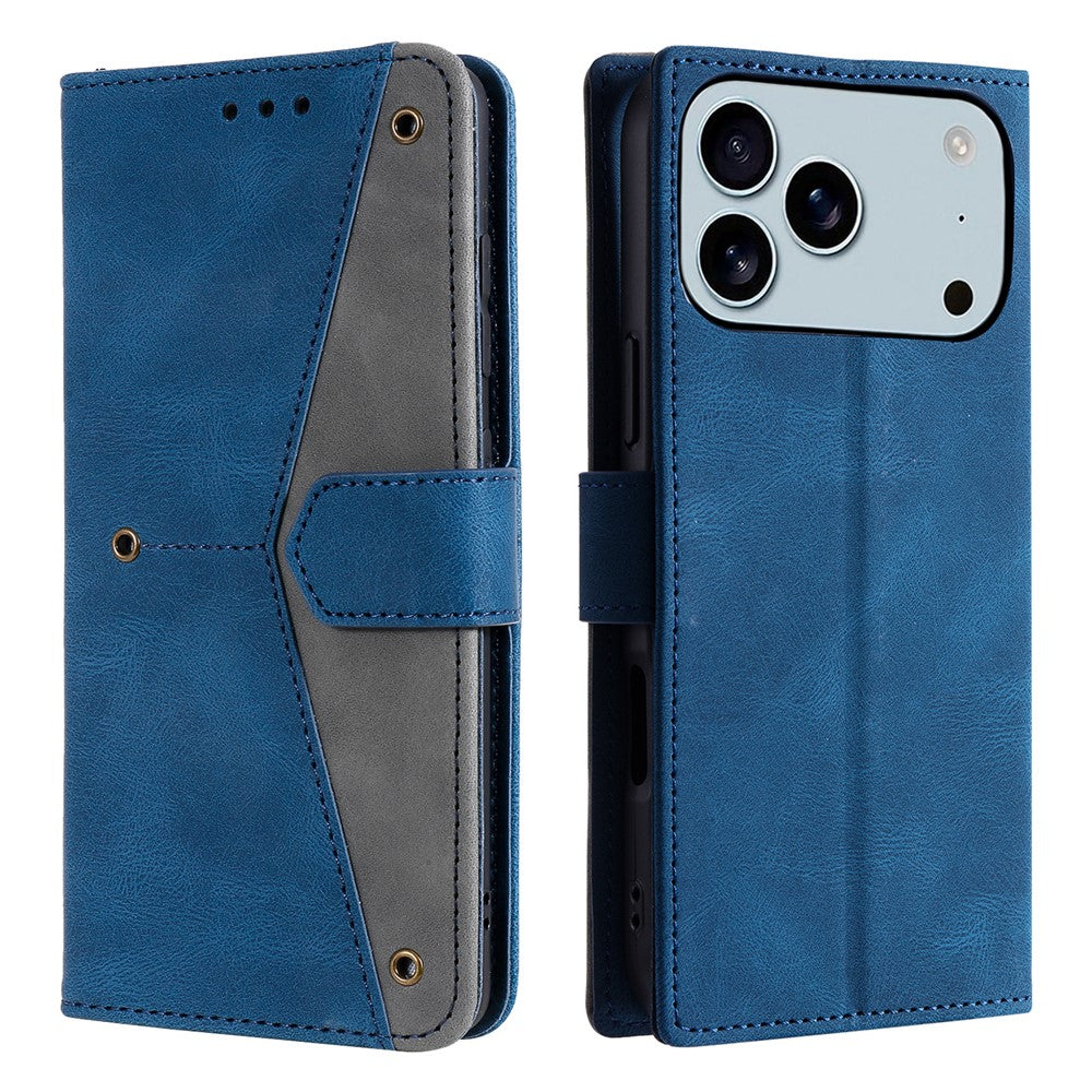 For iPhone 17 Pro Max Leather Case Splicing Stitching Wallet Phone Cover with Wrist Strap - Blue