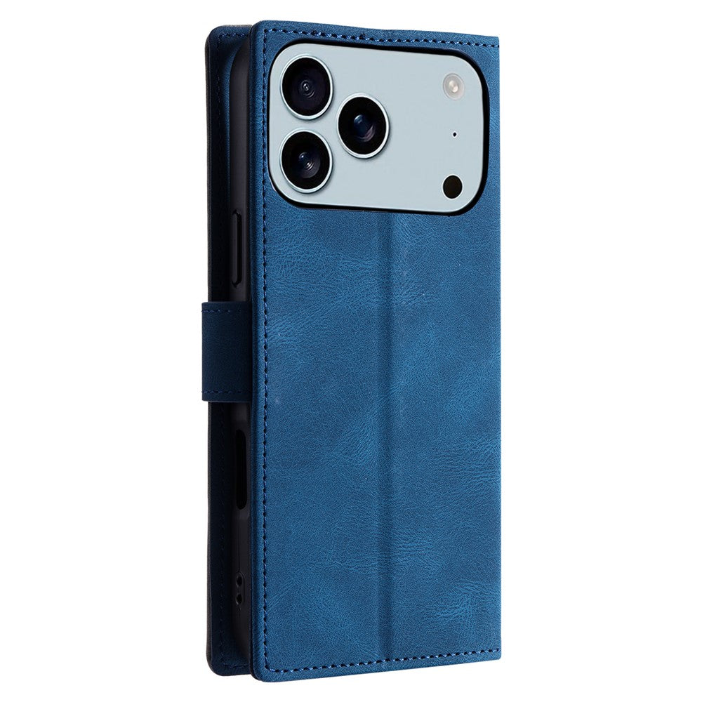 For iPhone 17 Pro Max Leather Case Splicing Stitching Wallet Phone Cover with Wrist Strap - Blue